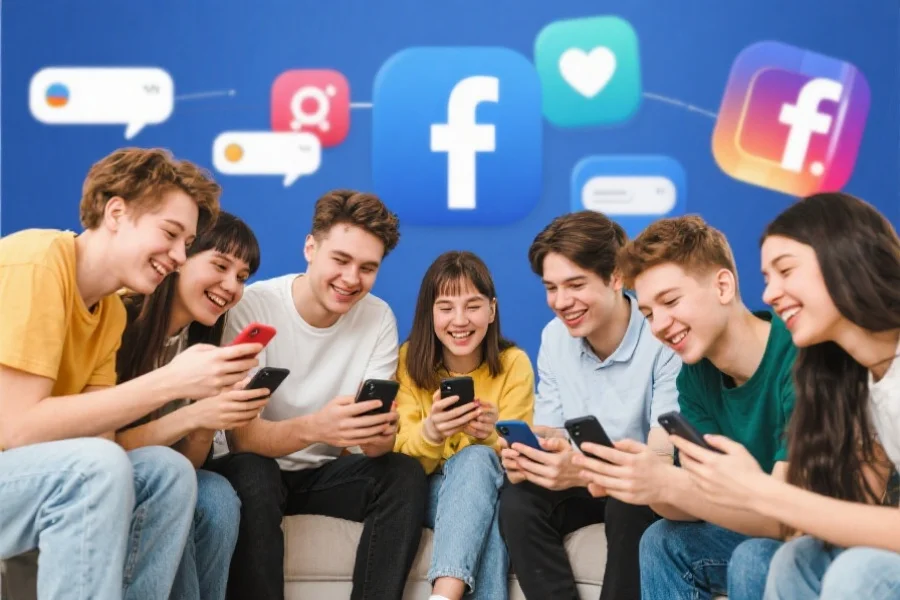 一群年轻人围坐在一起，愉快地用手机交流并关注社交媒体消息，背景中有社交网络图标浮现